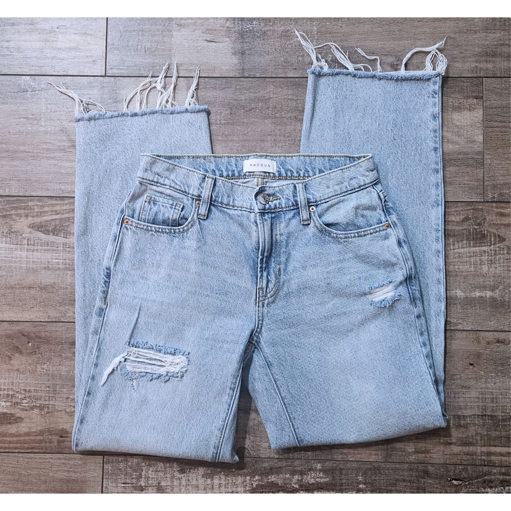 PACSUN 90's Straight Leg Light Wash Denim Jeans w/ Destruction & Fraying Size 24